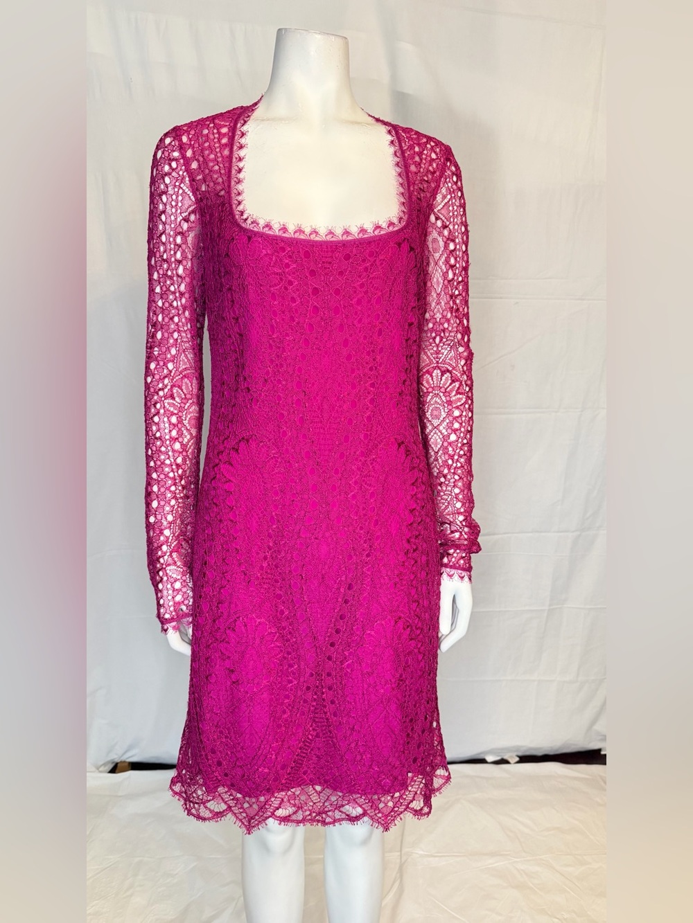 Fuchsia Lace Long-Sleeve Square Neck Dress